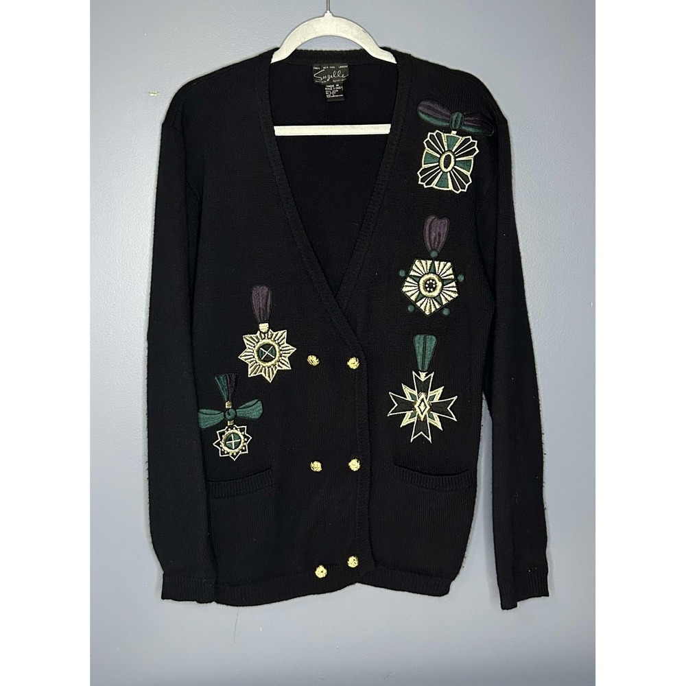 VINTAGE Suzelle Cardigan Sweater Womens Large Black Wool Embroidered Beaded 80s